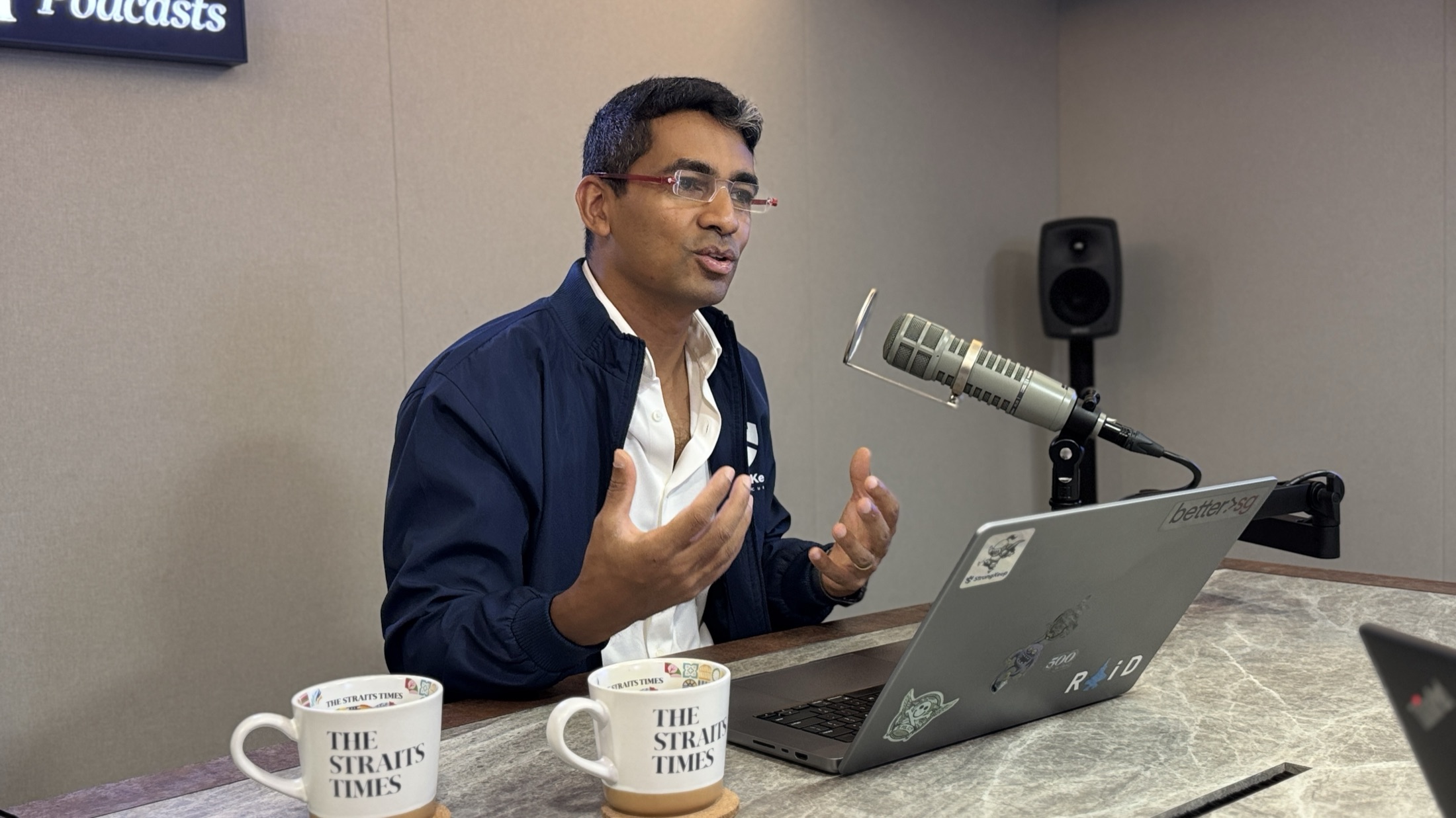 Gaurav Keerthi recording a podcast at The Straits Times studio.